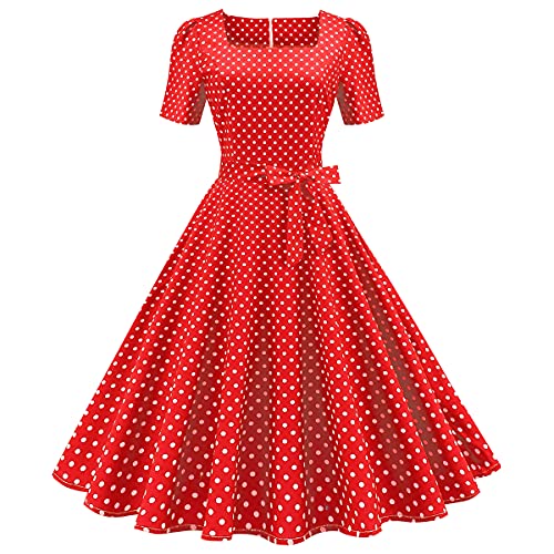 IKADEX Women Vintage 50s Dress Square Neck A-line Polka Dot Rockabilly Swing Evening Party Cocktail Dresses Red L - Image 4