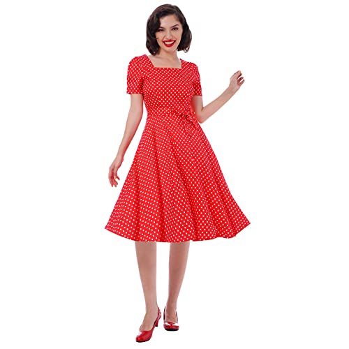 IKADEX Women Vintage 50s Dress Square Neck A-line Polka Dot Rockabilly Swing Evening Party Cocktail Dresses Red L - Image 1