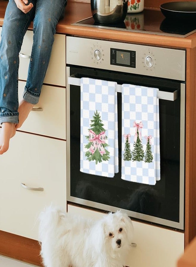 JINYO Blue Christmas Kitchen Towels Set of 2, Coquette Blue Bow Preppy Christmas Tree Decorative Hand Towels for Bathroom Kitchen, Checkered Xmas Dish Tea Towel, 16x24 Inch - Image 2