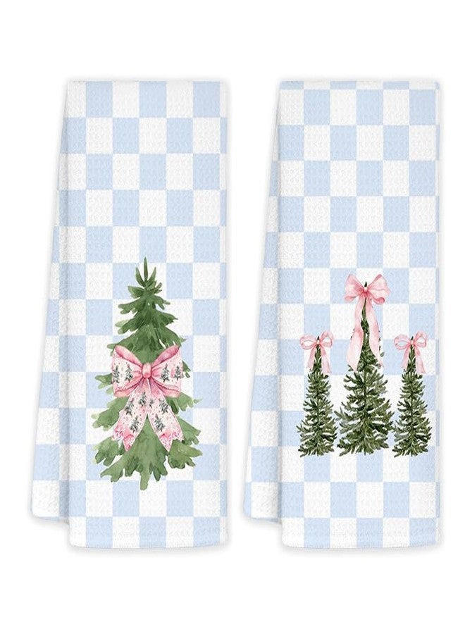 JINYO Blue Christmas Kitchen Towels Set of 2, Coquette Blue Bow Preppy Christmas Tree Decorative Hand Towels for Bathroom Kitchen, Checkered Xmas Dish Tea Towel, 16x24 Inch - Image 1