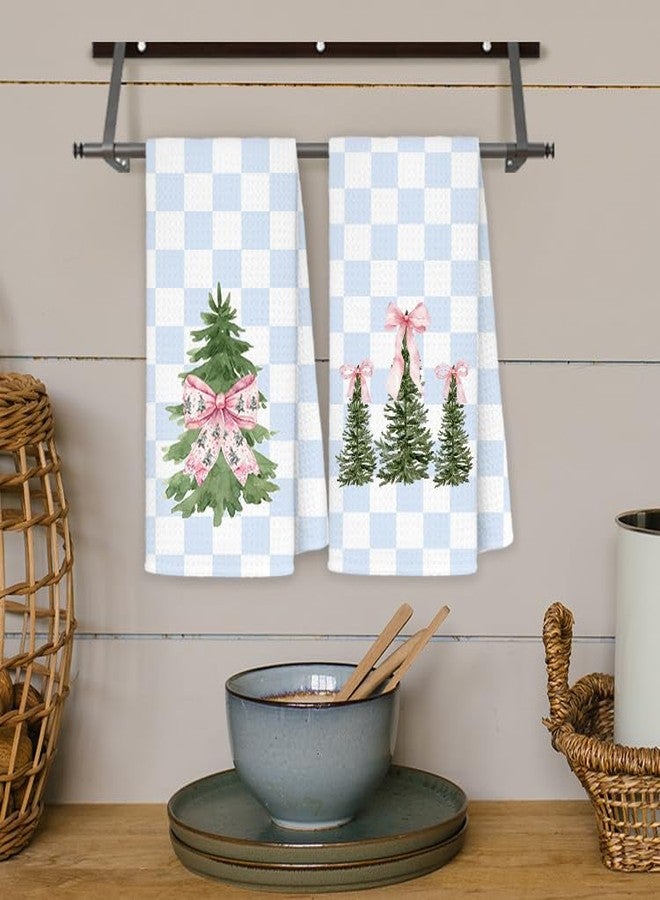 JINYO Blue Christmas Kitchen Towels Set of 2, Coquette Blue Bow Preppy Christmas Tree Decorative Hand Towels for Bathroom Kitchen, Checkered Xmas Dish Tea Towel, 16x24 Inch - Image 4