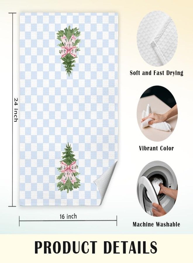 JINYO Blue Christmas Kitchen Towels Set of 2, Coquette Blue Bow Preppy Christmas Tree Decorative Hand Towels for Bathroom Kitchen, Checkered Xmas Dish Tea Towel, 16x24 Inch - Image 5
