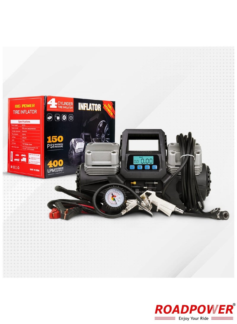 RoadPower 4 Cylinder Car Air Compressor Ultra Extreme 4x4 Tire Super Air Flow Portable 150 PSI 400 LPM 12V Tire Inflator For Car Truck Bicycle Football And Other Inflatables With Carry Bag  - Image 1