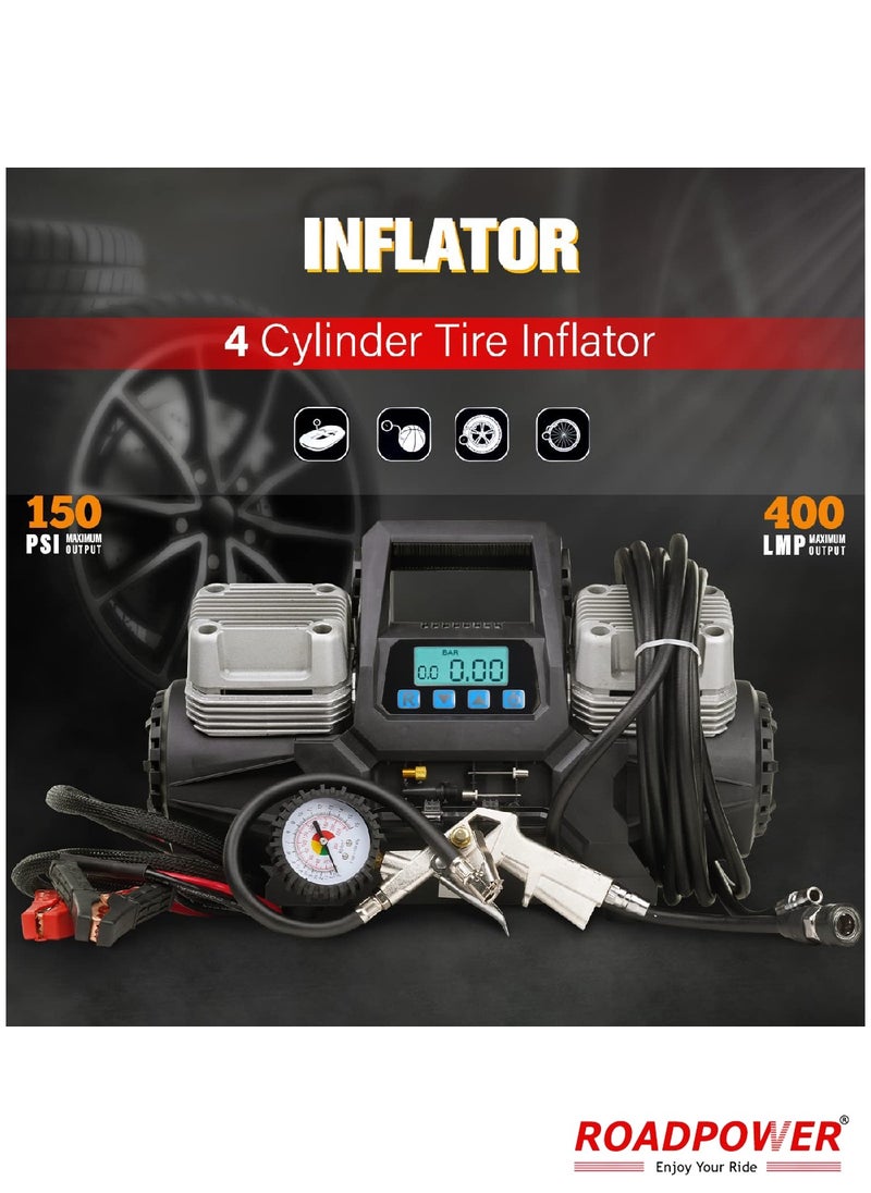 RoadPower 4 Cylinder Car Air Compressor Ultra Extreme 4x4 Tire Super Air Flow Portable 150 PSI 400 LPM 12V Tire Inflator For Car Truck Bicycle Football And Other Inflatables With Carry Bag  - Image 4