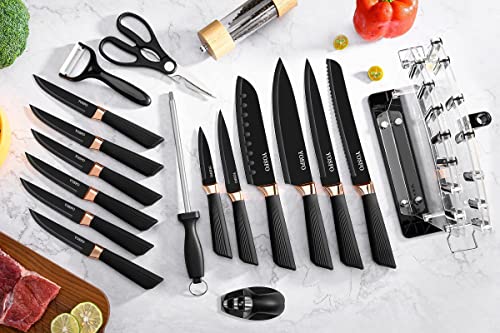 YOSFO Kitchen Knife Sets with Block and Sharpener, 17Pcs Stainless Steel Knife Set includes Serrated Steak Knives Set, Chef Santoku Knives, Scissor, Knife Holder (Black Knife Set with Block) - Image 3
