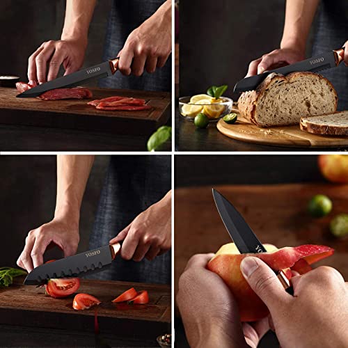 YOSFO Kitchen Knife Sets with Block and Sharpener, 17Pcs Stainless Steel Knife Set includes Serrated Steak Knives Set, Chef Santoku Knives, Scissor, Knife Holder (Black Knife Set with Block) - Image 5