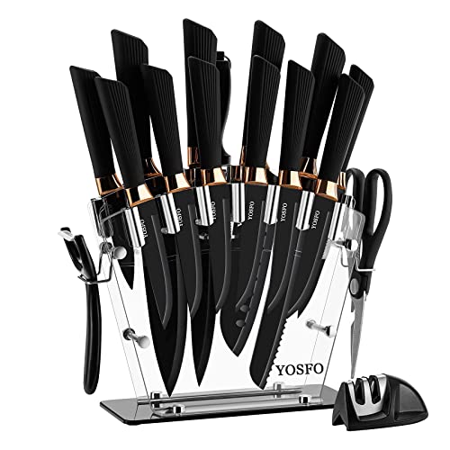 YOSFO Kitchen Knife Sets with Block and Sharpener, 17Pcs Stainless Steel Knife Set includes Serrated Steak Knives Set, Chef Santoku Knives, Scissor, Knife Holder (Black Knife Set with Block) - Image 1