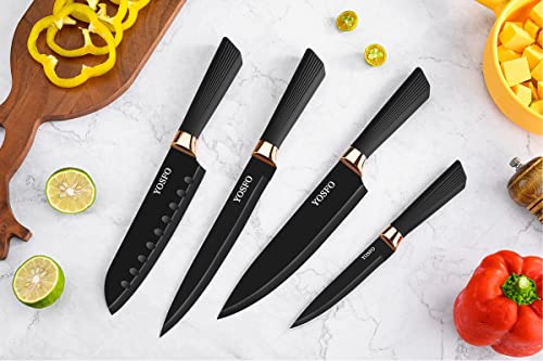 YOSFO Kitchen Knife Sets with Block and Sharpener, 17Pcs Stainless Steel Knife Set includes Serrated Steak Knives Set, Chef Santoku Knives, Scissor, Knife Holder (Black Knife Set with Block) - Image 4