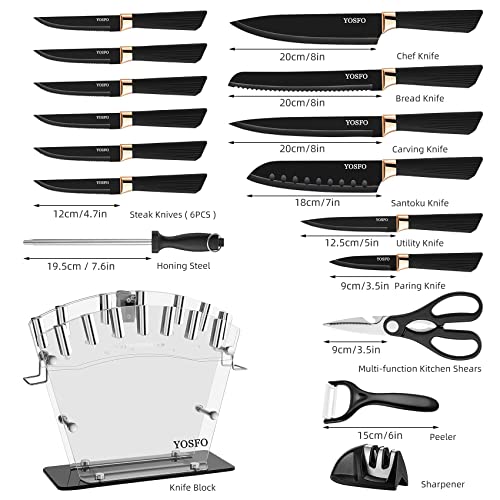 YOSFO Kitchen Knife Sets with Block and Sharpener, 17Pcs Stainless Steel Knife Set includes Serrated Steak Knives Set, Chef Santoku Knives, Scissor, Knife Holder (Black Knife Set with Block) - Image 2