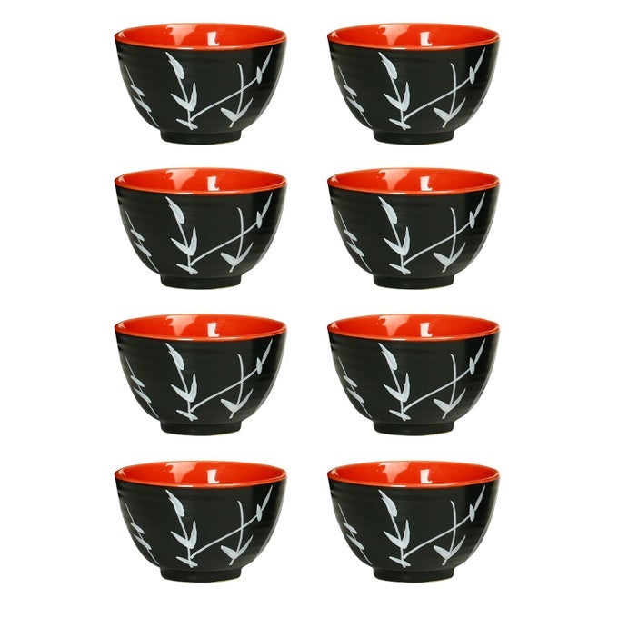 CERAMIC HANDMADE BLACK RED BAMBOO DESSERT BOWL SET OF 8