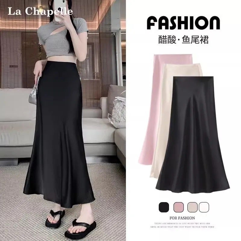 Plus Size Acetic Acid Satin Skirt Women'S Chubby Girl High Waist Slimming Belly Covering Fishtail Skirt A- Line Skirt - Image 2