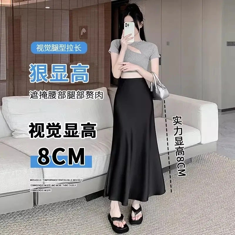 Plus Size Acetic Acid Satin Skirt Women'S Chubby Girl High Waist Slimming Belly Covering Fishtail Skirt A- Line Skirt - Image 4