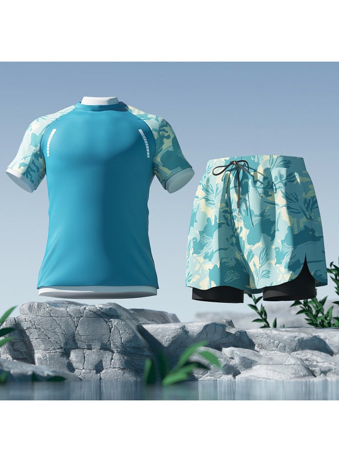 إسكدنيا سراويل سباحة للرجال مضادة للإحراج فضفاضة سريعة الجفاف للرجال، ملابس سباحة بزاوية مسطحة، سراويل الشاطئ، معدات السباحة في الربيع الساخن - اللون: بدلة طباعة خضراء Ying 【ترقية القماش】】 - - Image 1