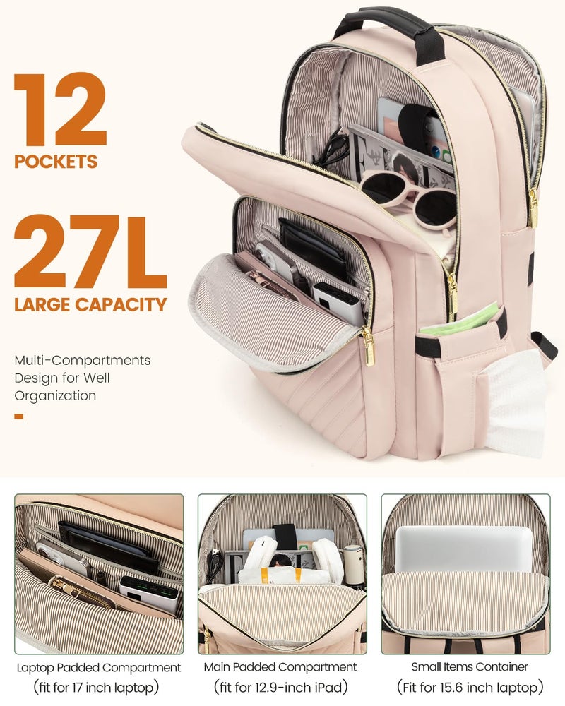 LOVEVOOK Laptop Backpack Purse for Women, Work Travel Computer Bags, College School Backpack for Student Girl, Quilted Casual Daypack with USB Port, Fit 15.6 Inch Laptop, Antiquewhite - Image 2