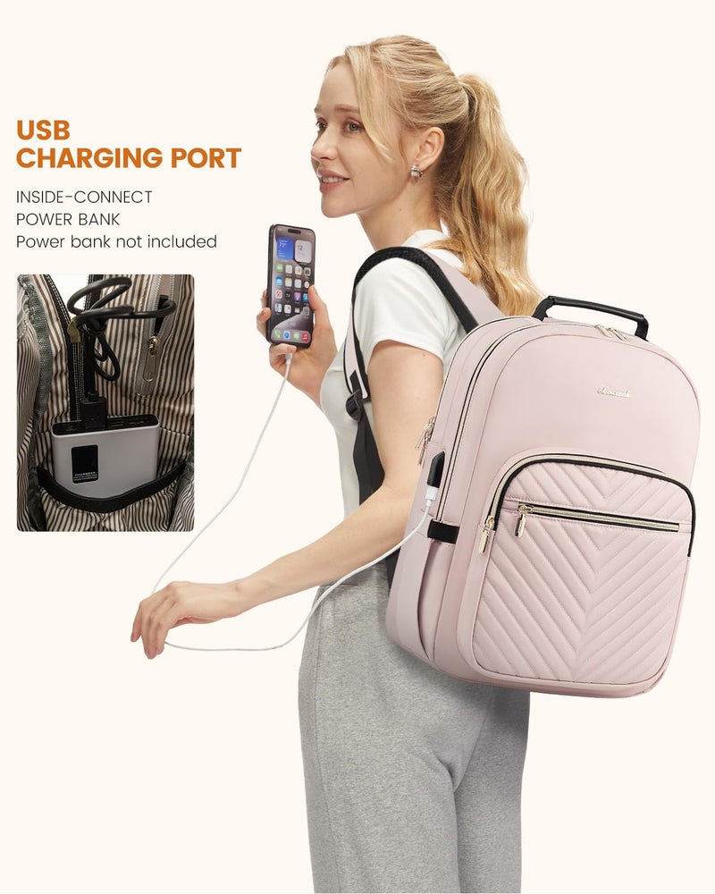 LOVEVOOK Laptop Backpack Purse for Women, Work Travel Computer Bags, College School Backpack for Student Girl, Quilted Casual Daypack with USB Port, Fit 15.6 Inch Laptop, Antiquewhite - Image 5