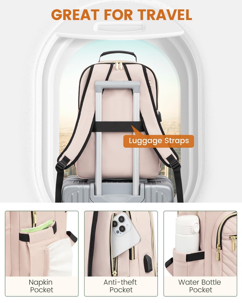 LOVEVOOK Laptop Backpack Purse for Women, Work Travel Computer Bags, College School Backpack for Student Girl, Quilted Casual Daypack with USB Port, Fit 15.6 Inch Laptop, Antiquewhite - Image 4