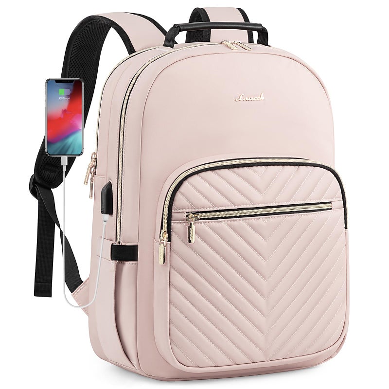 LOVEVOOK Laptop Backpack Purse for Women, Work Travel Computer Bags, College School Backpack for Student Girl, Quilted Casual Daypack with USB Port, Fit 15.6 Inch Laptop, Antiquewhite - Image 1