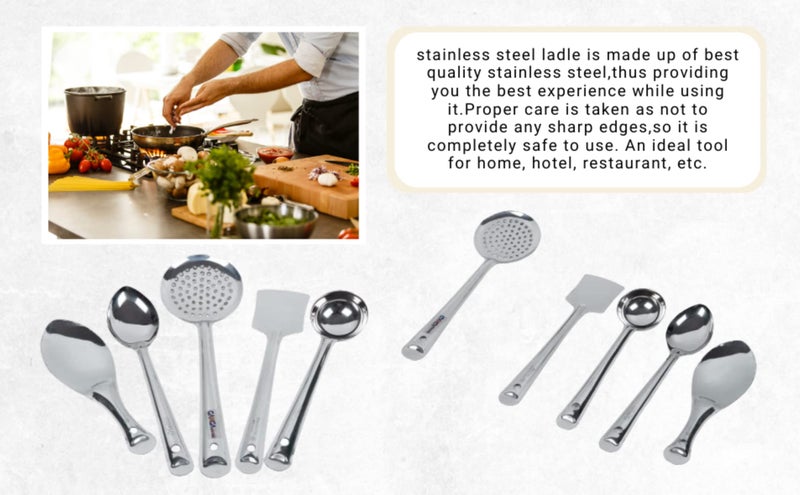Neptune NEPTUNE Stainless Steel Serving Tools for Kitchen | Serving Spoons Set for Dining with 5 Different pcs |Big Spoon | Skimmer | Ladle | Flex Turner | Rice Spoon | Silver Finish  - Image 3