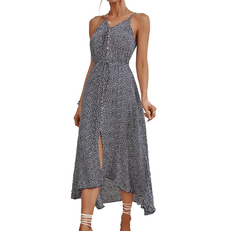 BROVAVE Women's 2025 Summer Casual Boho Sundress Polka Dot Spaghetti Strap V Neck Flowy Midi Dresses(008 Ditsy Navy, Large) - Image 1