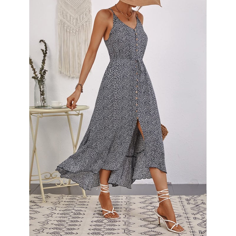 BROVAVE Women's 2025 Summer Casual Boho Sundress Polka Dot Spaghetti Strap V Neck Flowy Midi Dresses(008 Ditsy Navy, Large) - Image 4
