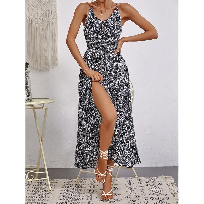 BROVAVE Women's 2025 Summer Casual Boho Sundress Polka Dot Spaghetti Strap V Neck Flowy Midi Dresses(008 Ditsy Navy, Large) - Image 2