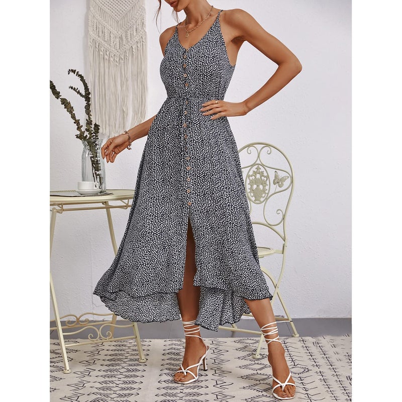 BROVAVE Women's 2025 Summer Casual Boho Sundress Polka Dot Spaghetti Strap V Neck Flowy Midi Dresses(008 Ditsy Navy, Large) - Image 3