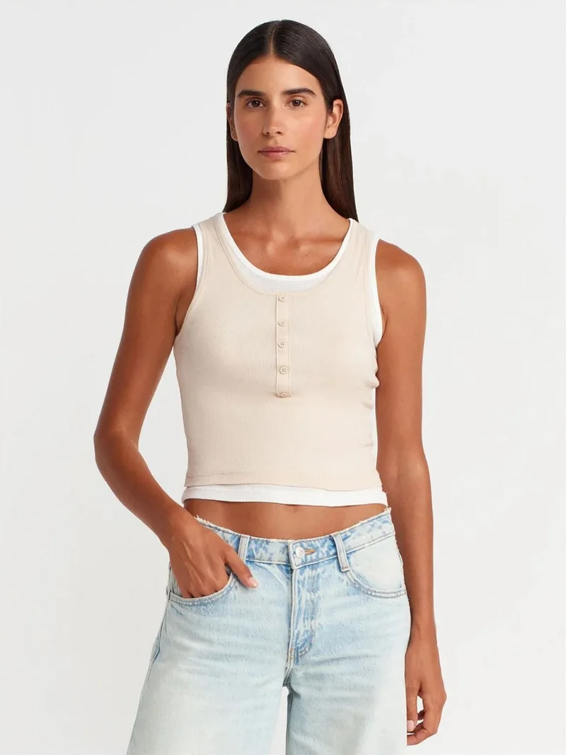 ديلفين DILVIN Cotton Ribbed Sleeveless Button Blouse