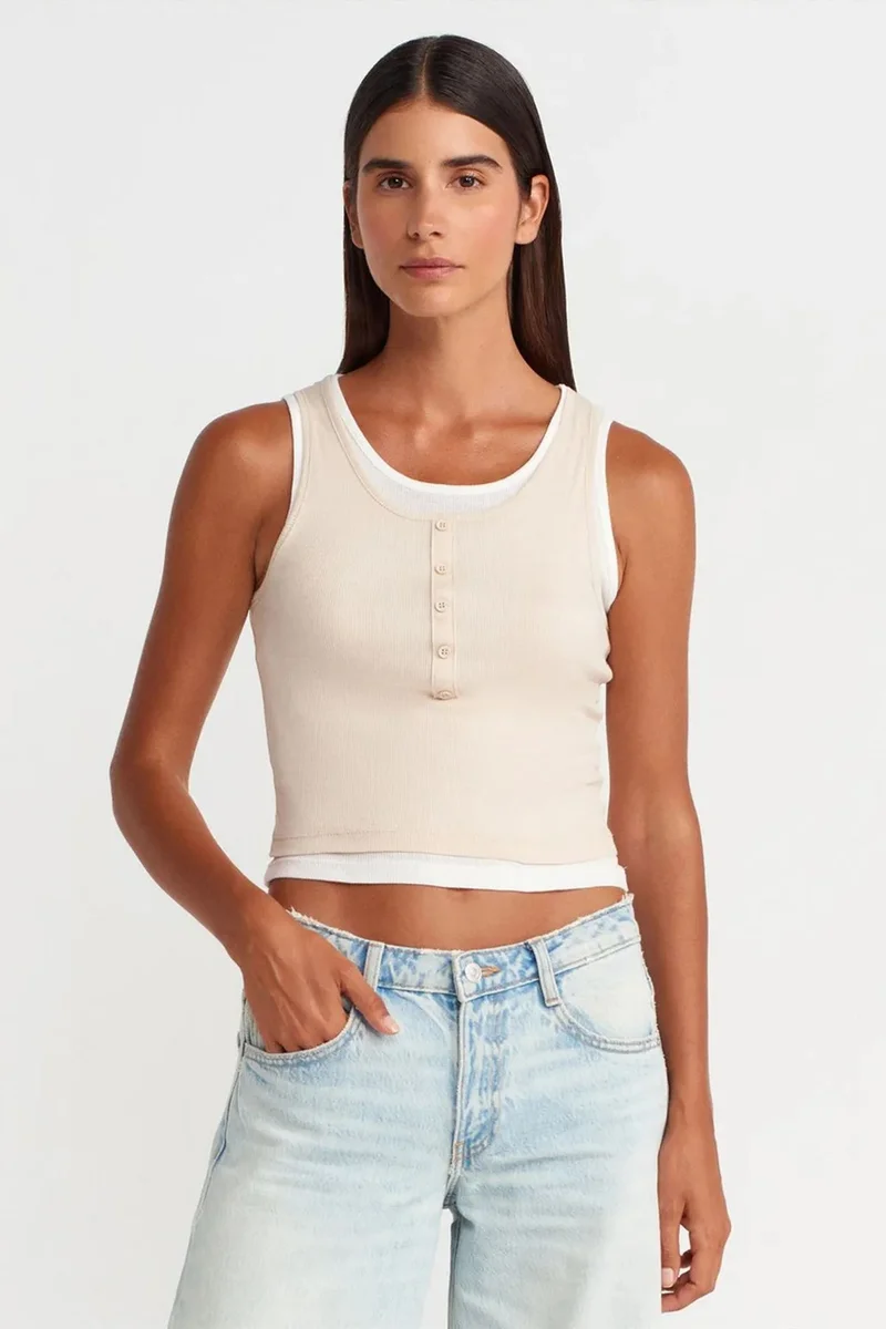 DILVIN Cotton Ribbed Sleeveless Button Blouse
