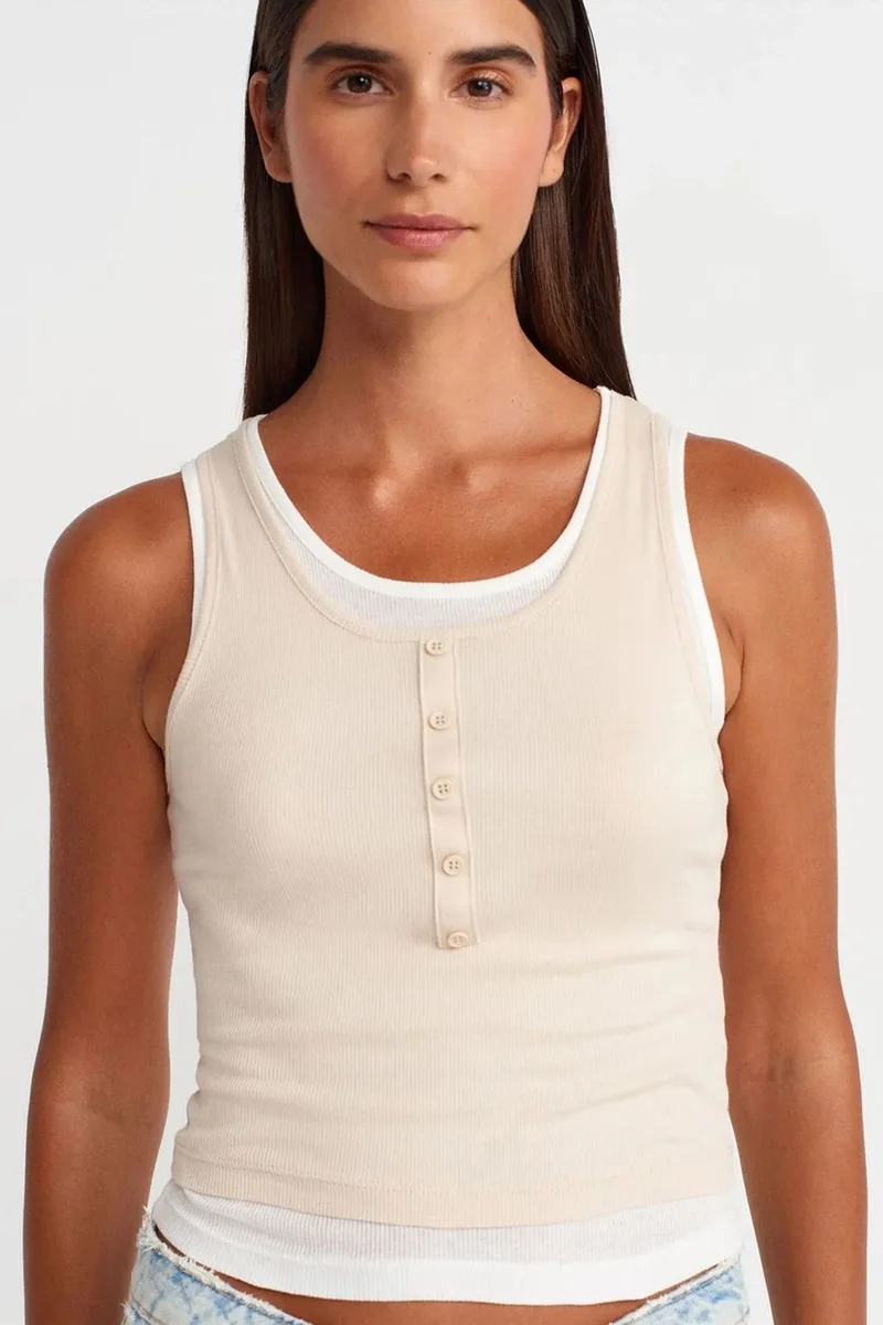Dilvin Cream Natural DILVIN Cotton Ribbed Sleeveless Button Blouse for Women | Best Price UAE
