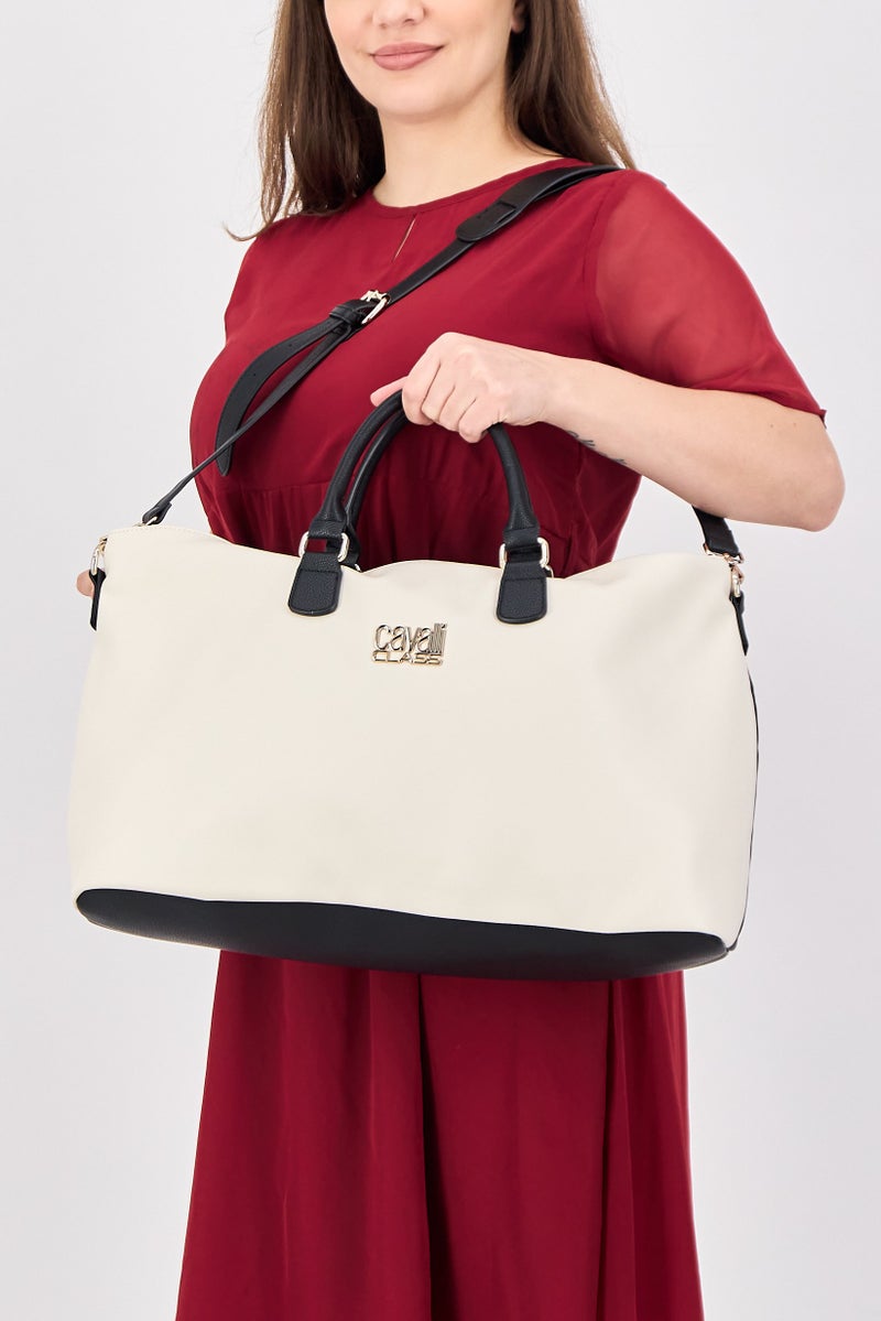Cavalli Class Women Brand Logo Reversible Hand Bag, Ivory - Image 2