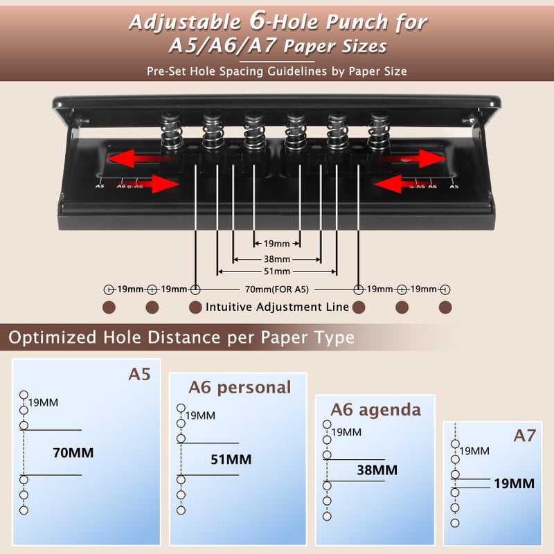 Zofly All Metal Adjustable 6-Hole Paper Puncher, A5 A6 A7 6 Ring Punch with Positioning Mark, 6 Sheet Capacities Puncher for Dairy Planner, Personal, Agenda, Binder Refill Pages (Black) - Image 4