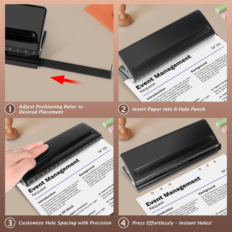 Zofly All Metal Adjustable 6-Hole Paper Puncher, A5 A6 A7 6 Ring Punch with Positioning Mark, 6 Sheet Capacities Puncher for Dairy Planner, Personal, Agenda, Binder Refill Pages (Black) - Image 5
