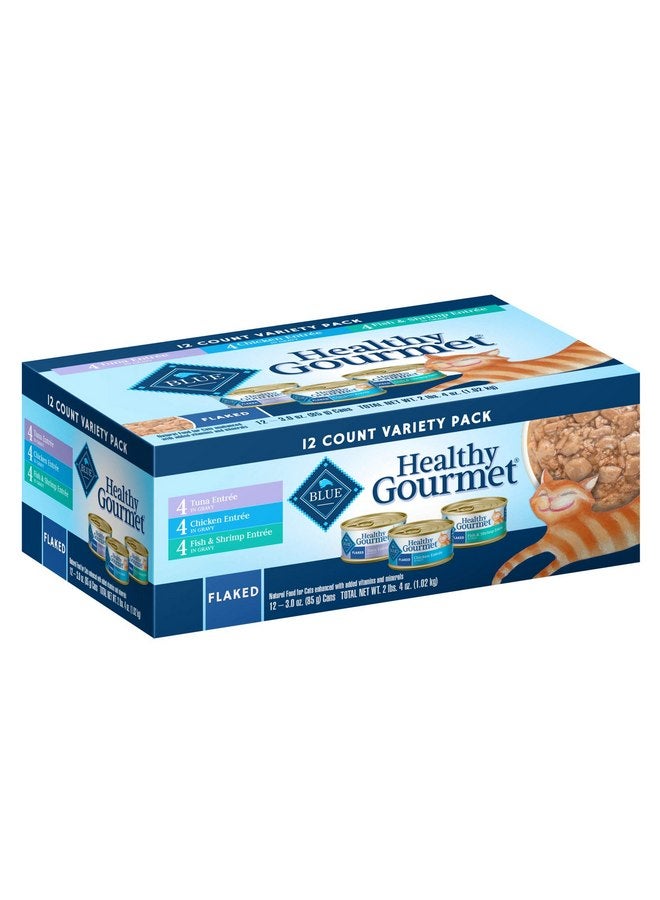 Blue Buffalo Healthy Gourmet Natural Adult Flaked Wet Cat Food Variety Pack Tuna, Chicken, Fish & Shrimp 3-Oz Cans (12 Count- 4 of Each Flavor) - Image 1