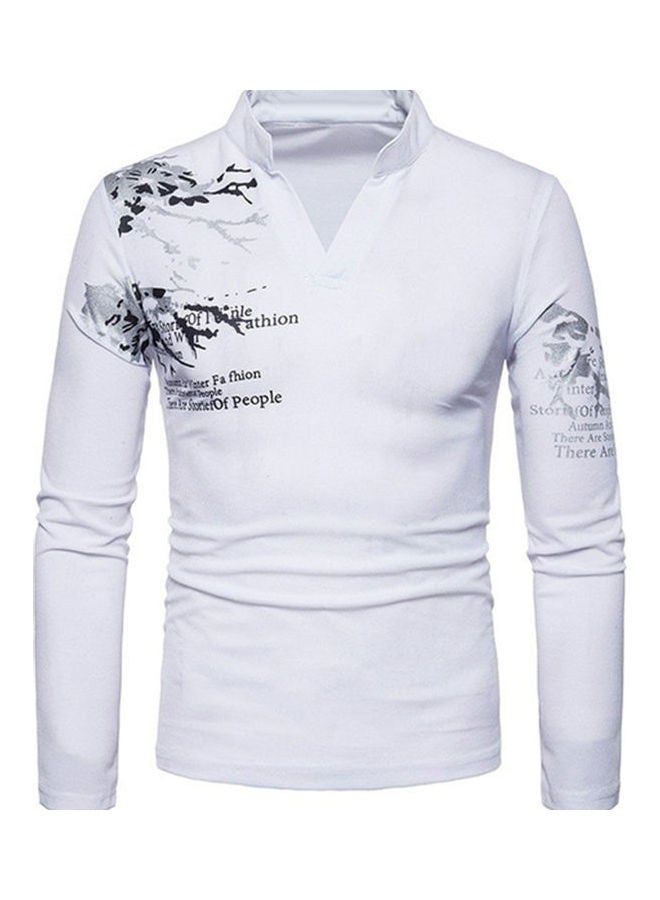 NIBEMINENT Men Flower English Letter Print V-Neck T-Shirt Stand Collar Long Sleeve Tee Top Black  - Image 4