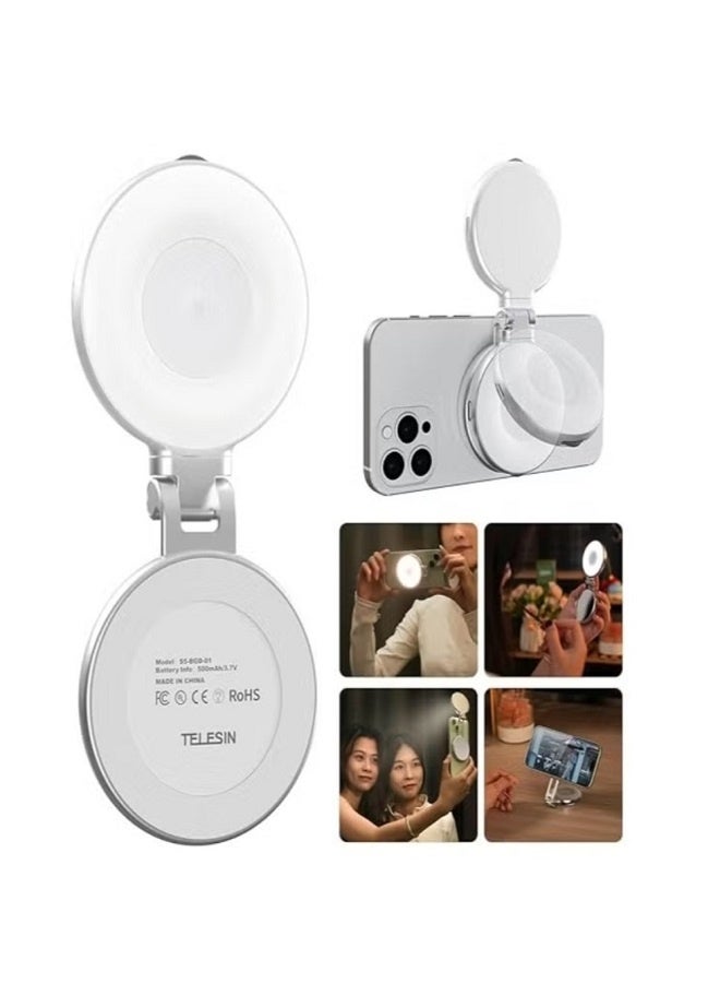 TELESIN ضوء سيلفي دائري مغناطيسي TELESIN C03 مع مرآة، حامل ثلاثي قابل للتمديد وسطوع قابل للتعديل - ضوء LED محمول للهواتف الذكية، الفلوغينغ، المكياج والبث المباشر (S5-BGD-01) - Image 1
