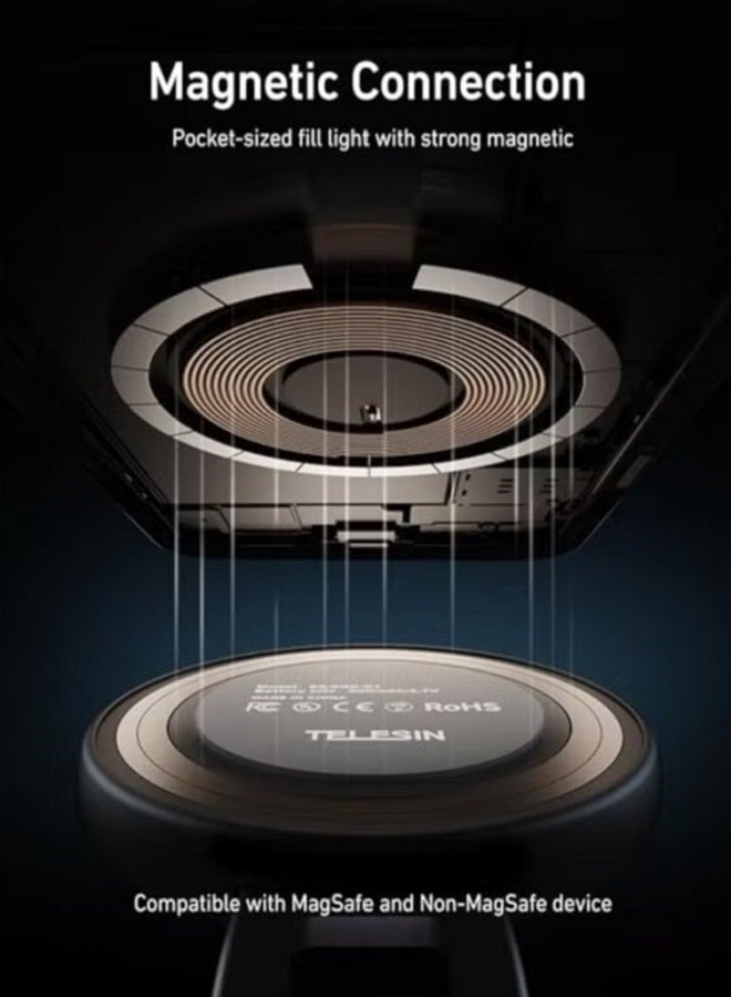 TELESIN ضوء سيلفي دائري مغناطيسي TELESIN C03 مع مرآة، حامل ثلاثي قابل للتمديد وسطوع قابل للتعديل - ضوء LED محمول للهواتف الذكية، الفلوغينغ، المكياج والبث المباشر (S5-BGD-01) - Image 2