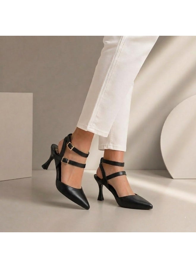 لايف ستيلاش  أحذية كعب جلدية مع إبزيمات أنيقة F-621 - أسود - Image 1