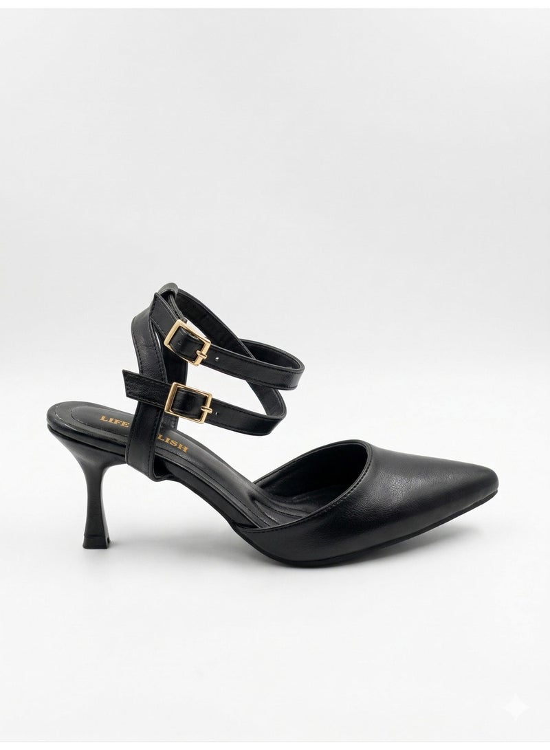 لايف ستيلاش  أحذية كعب جلدية مع إبزيمات أنيقة F-621 - أسود - Image 4