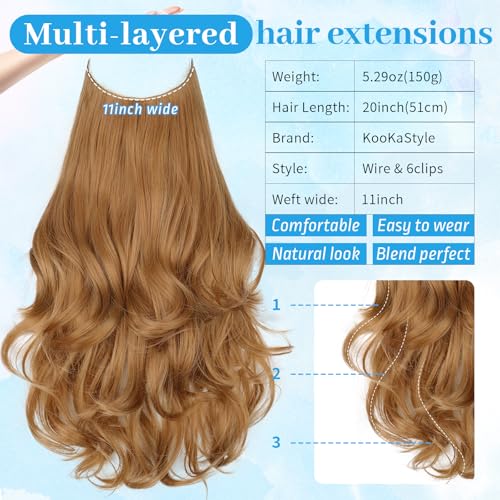KooKaStyle Invisible Wire Hair Extensions Long Wavy Layered Synthetic Hair Extensions with Transparent Wire Adjustable Size 6 Secure Clips Strawberry Blonde Hairpieces for Women 20 Inch - Image 3