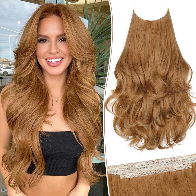 KooKaStyle Invisible Wire Hair Extensions Long Wavy Layered Synthetic Hair Extensions with Transparent Wire Adjustable Size 6 Secure Clips Strawberry Blonde Hairpieces for Women 20 Inch - Image 2