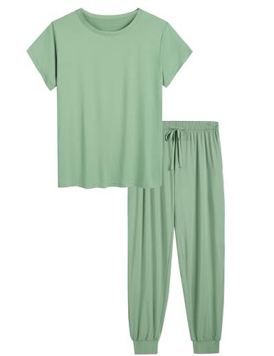 Joyaria Jogger Pajama Set for Women Bamboo Viscose Cooling Soft Short Sleeve Nightwear PJ Pant Sleep Set Sage Green - Image 3