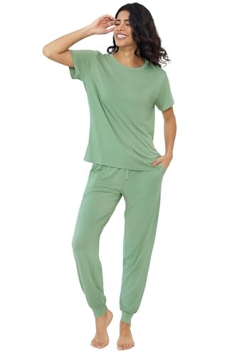 Joyaria Jogger Pajama Set for Women Bamboo Viscose Cooling Soft Short Sleeve Nightwear PJ Pant Sleep Set Sage Green - Image 1