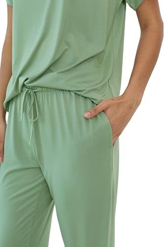 Joyaria Jogger Pajama Set for Women Bamboo Viscose Cooling Soft Short Sleeve Nightwear PJ Pant Sleep Set Sage Green - Image 5