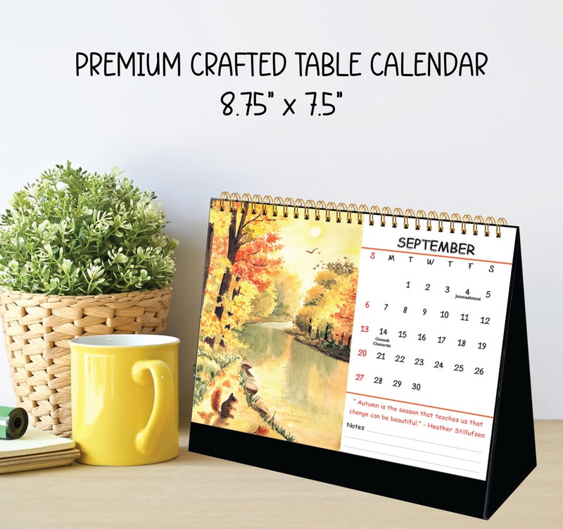 anujarusiya Harmony Desktop Calendar 2026 | Printed Watercolor art with quotes | Golden Twin Wiro | 8.75" X 7.5" | functional with notes space and 1 sticker sheet | Perfect Table Calendar for Study desk - Image 2