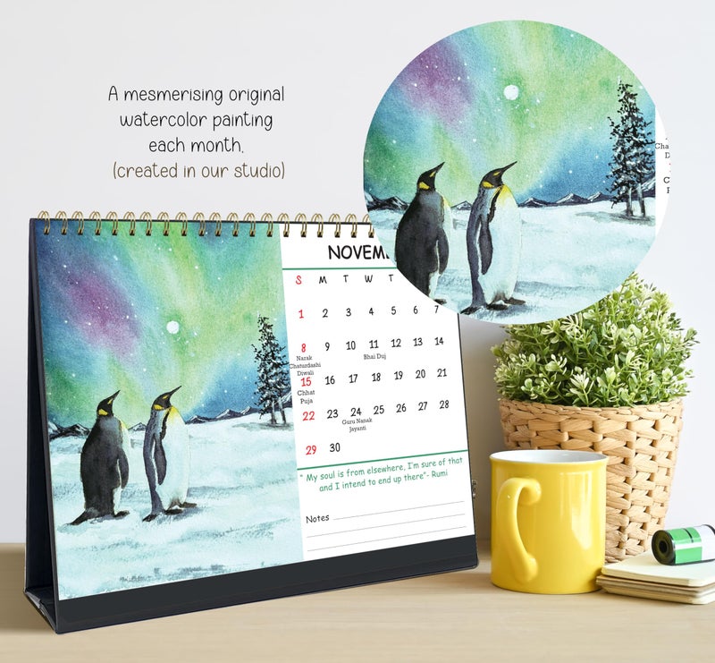 anujarusiya Harmony Desktop Calendar 2026 | Printed Watercolor art with quotes | Golden Twin Wiro | 8.75" X 7.5" | functional with notes space and 1 sticker sheet | Perfect Table Calendar for Study desk - Image 3