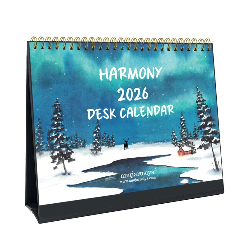 anujarusiya Harmony Desktop Calendar 2026 | Printed Watercolor art with quotes | Golden Twin Wiro | 8.75" X 7.5" | functional with notes space and 1 sticker sheet | Perfect Table Calendar for Study desk - Image 1