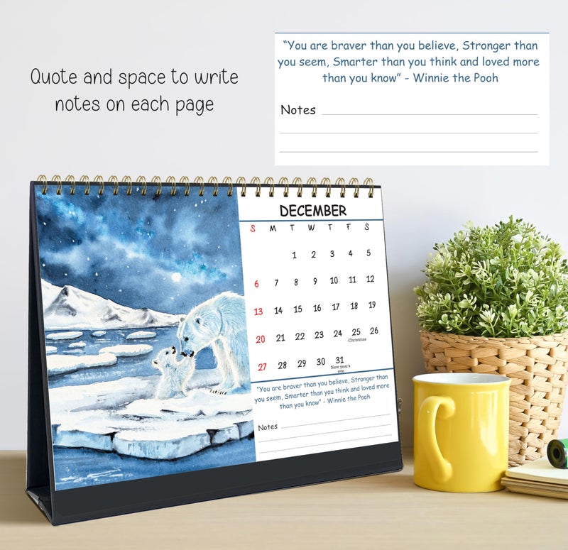 anujarusiya Harmony Desktop Calendar 2026 | Printed Watercolor art with quotes | Golden Twin Wiro | 8.75" X 7.5" | functional with notes space and 1 sticker sheet | Perfect Table Calendar for Study desk - Image 4