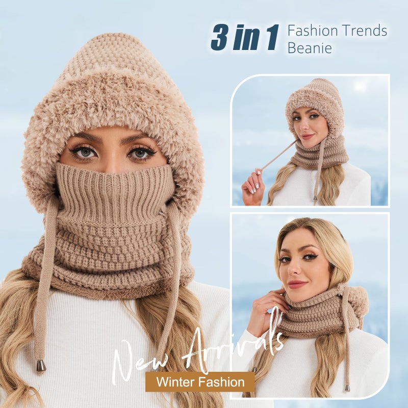 Sumolux 3 in 1 Beanie Hat for Women with Fleece Lined Scarf and Mask Outdoors Windproof Knitted Ski Mask Set - Image 4