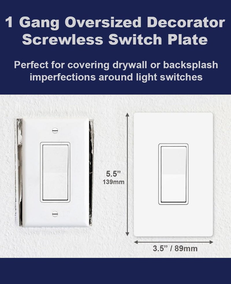 Art Plates - OVERSIZED Screwless Child Safe Switch Plate - 5.5" x 3.5" - Jumbo 1 Gang Decorator GFCI Style - Unbreakable Polycarbonate - One Gang Screwless Light Switch Cover Plate - Glossy White - Image 2