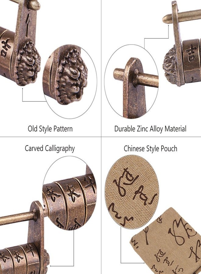 GTHER Antique Vintage Chinese Characters Combination Password Lock Padlock Decorative Old Oriental Traditional Small Lock Bronze with Bag for Wooden Jewelry Box, 50x27mm - Image 5